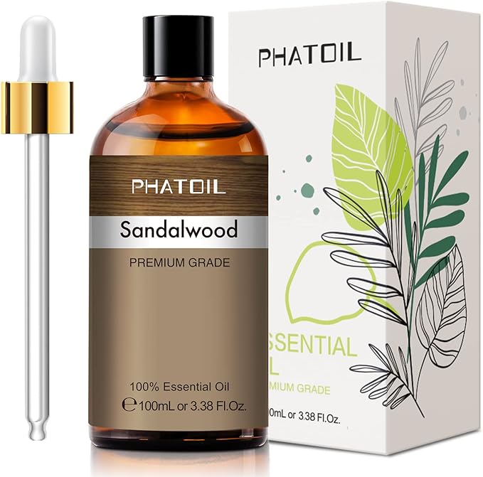 PHATOIL 100ML Sandalwood Essential Oil, Pure Aromatherapy Essential Oils for Diffuser, Humidifier, Relax, Scented Oils for Soap, Candle Making, Huge 3.38fl.oz Bottle
