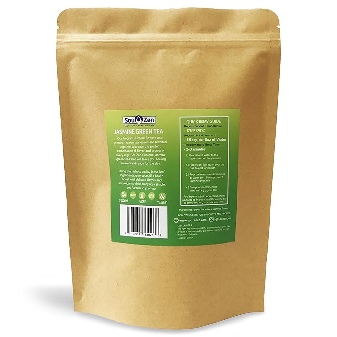 Sou Zen Jasmine Green Tea Loose Leaf Blend 4oz (113g) | Premium Quality Tea Leaves and Flowers | Raw with Naturally Organic Antioxidants | Relaxing and Revitalizing Tea with No Additives