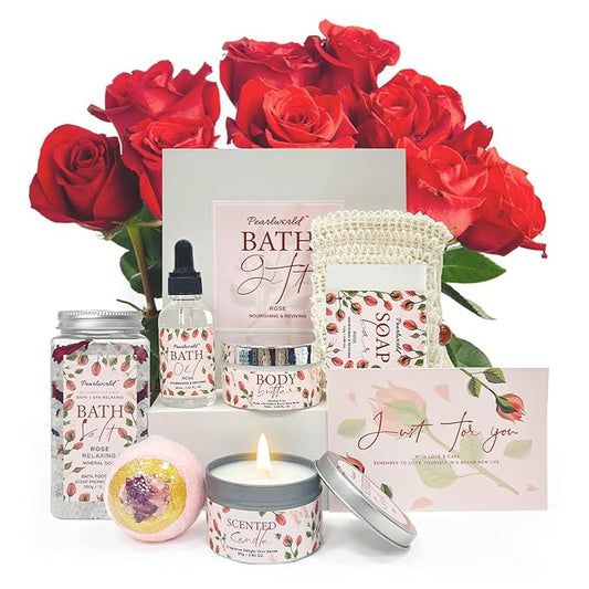 Rose Spa Gift Set for Women, Luxury 9 Pcs Bath Salts Set, Relaxation Gifts for Women, Self Care Set, Clean Moisturizing Skin, Gifts for Mom, Wife, Sister, Friend