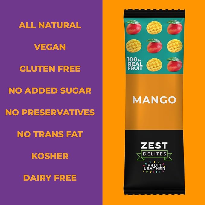 Fruit Snacks by Zest Delites, Fruit Leather, Dried Mango Bars, Healthy Snacks for Adults & Kids, No Sugar Added, Apple-Based Mango Strips, 0.88 oz x 10