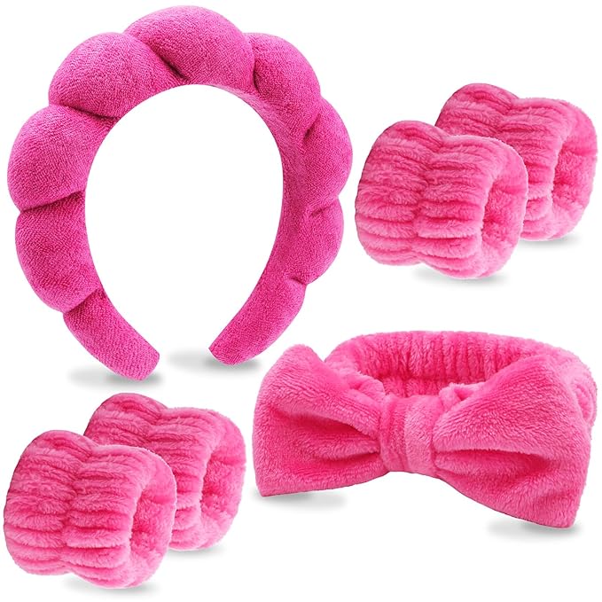 VELSCRUN 6 Pack Spa Headband, Makeup Headbands, Face Wash Headband, Skincare Headbands, Rose Pink Sponge Hair Band Bow Tie Spa Head Band for Washing Face Wristband Set Women Girls Hair Accessories