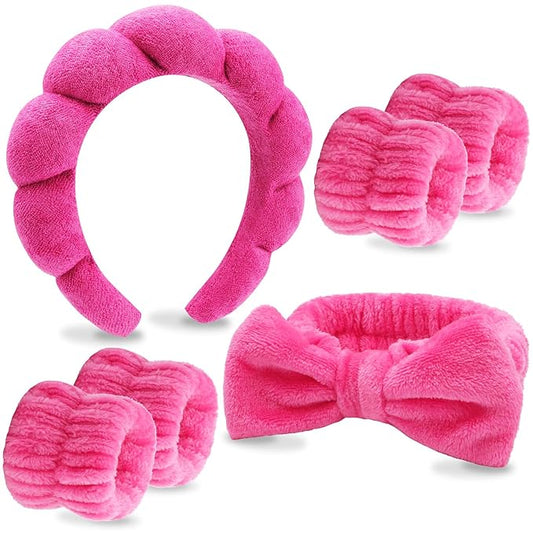 VELSCRUN 6 Pack Spa Headband, Makeup Headbands, Face Wash Headband, Skincare Headbands, Rose Pink Sponge Hair Band Bow Tie Spa Head Band for Washing Face Wristband Set Women Girls Hair Accessories