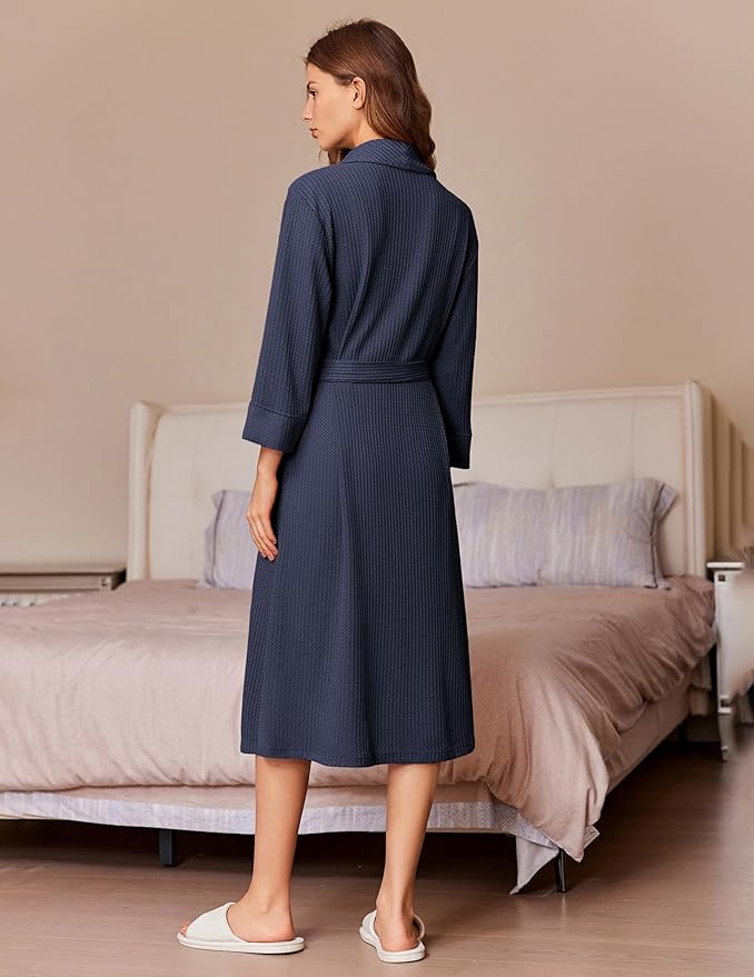 Ekouaer Robes for Women Long Waffle Knit Bathrobe Lightweight Kimono Robe Soft Shawl Collar Spa Robes with Pockets S-XXL