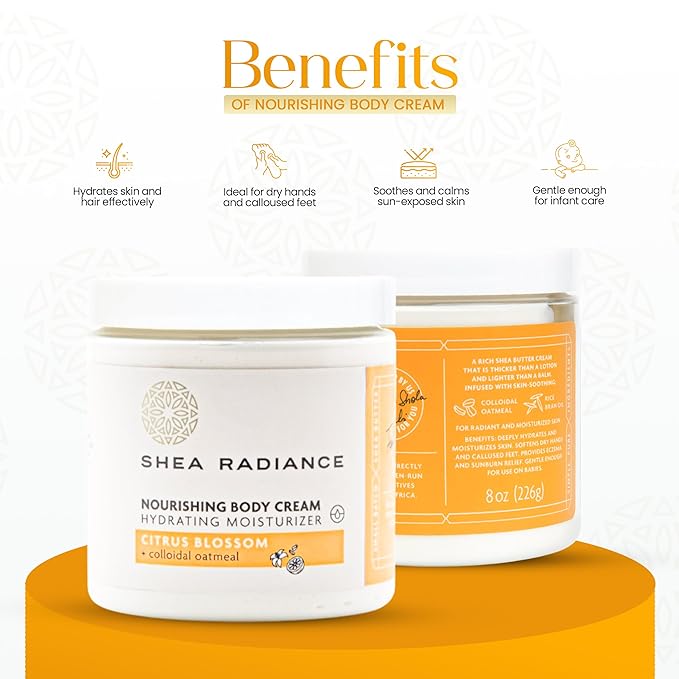 Shea Radiance Nourishing Body Cream with Colloidal Oatmeal | Hydrating Moisturizer for Sensitive Skin | Gentle Hydration with Long Lasting Moisture | Citrus Blossom 8 oz