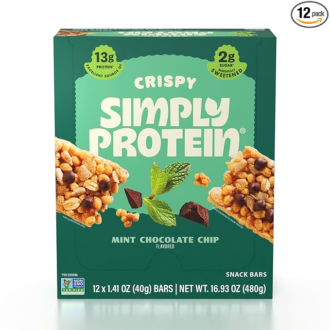 Simply Protein - Mint Chocolate Chip Crispy Bars - Plant Based Protein Bars - Low Carb, Low Sugar, High Fiber - 13g Protein, 2g Sugar, 7g Fiber - Vegan, Gluten Free, Non GMO, Kosher - 12 Bars