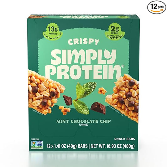 Simply Protein - Mint Chocolate Chip Crispy Bars - Plant Based Protein Bars - Low Carb, Low Sugar, High Fiber - 13g Protein, 2g Sugar, 7g Fiber - Vegan, Gluten Free, Non GMO, Kosher - 12 Bars
