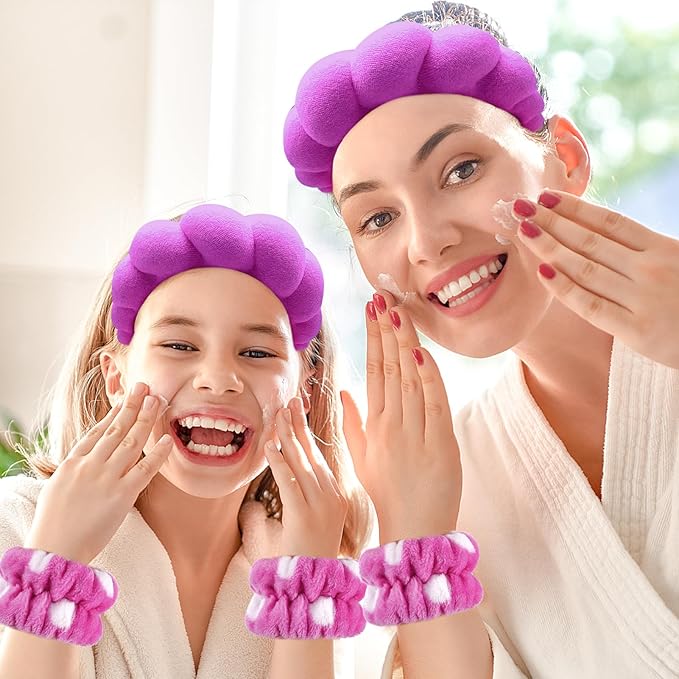Zkptops Spa Headband for Washing Face Wristband Set Sponge Makeup Skincare Terry Cloth Bubble Soft Get Ready Hairband for Women Girl Puffy Padded Headwear Non Slip Thick Hair Accessory(Dark Purple)