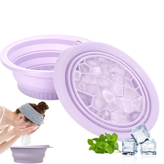 Face Bowl for Ice with Built-in Ice Tray – Collapsible Silicone Facial Ice Bath Bowl for Cold Plunge Therapy, Acne Relief & Skin Tightening – Purple Home, Camping & Travel Portable Spa Tool
