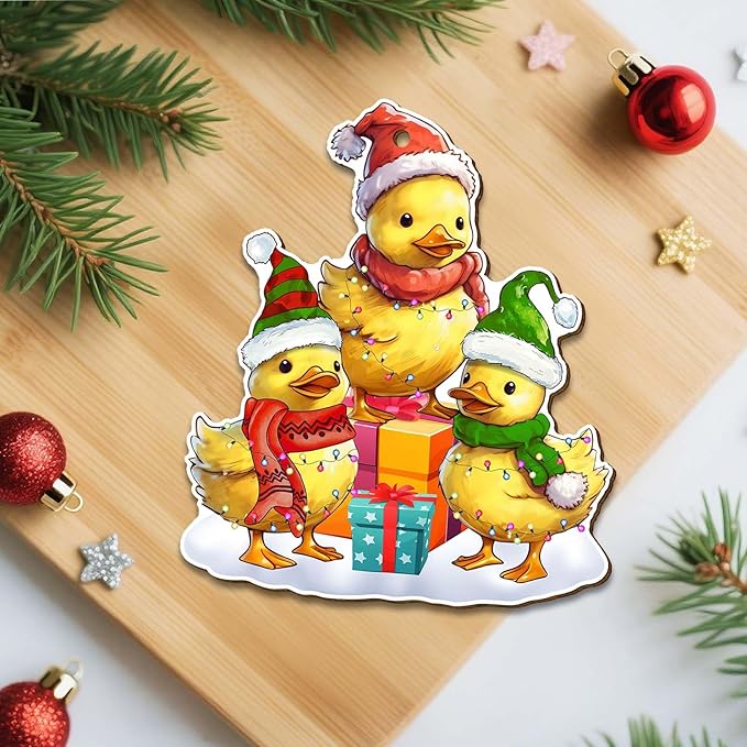 Family Duck Christmas Ornament for Christmas Tree, 2-Side Printed Flat Wooden Ornament, Farmhouse Christmas Decor, Farm Animal Gifts for Christmas Women