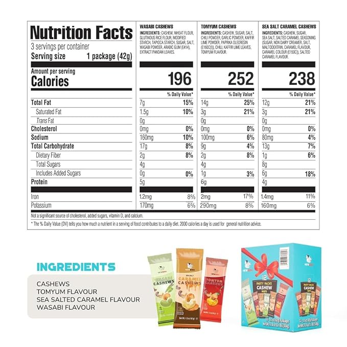 NEWBAM Mix Cashews Variety Packs (Wasabi, Tom Yum, Sea Salt Caramel) - 12 Cashew Snack Packs Roasted Nuts (1.5oz Each) – Keto, Vegan, Gluten-Free - Healthy Snacks for Trail Mix, Office, or Party