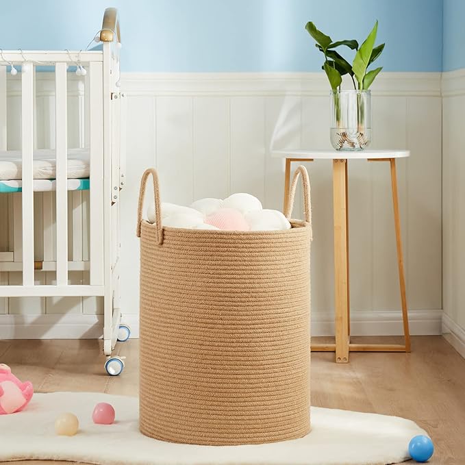 Fiona's magic 72L Large Woven Laundry Hamper, Tall Cotton Rope Storage Basket, Jute Baby Nursery Hamper for Blankets, Toys and Clothes in Bedroom and Living Room Organizing, Jute
