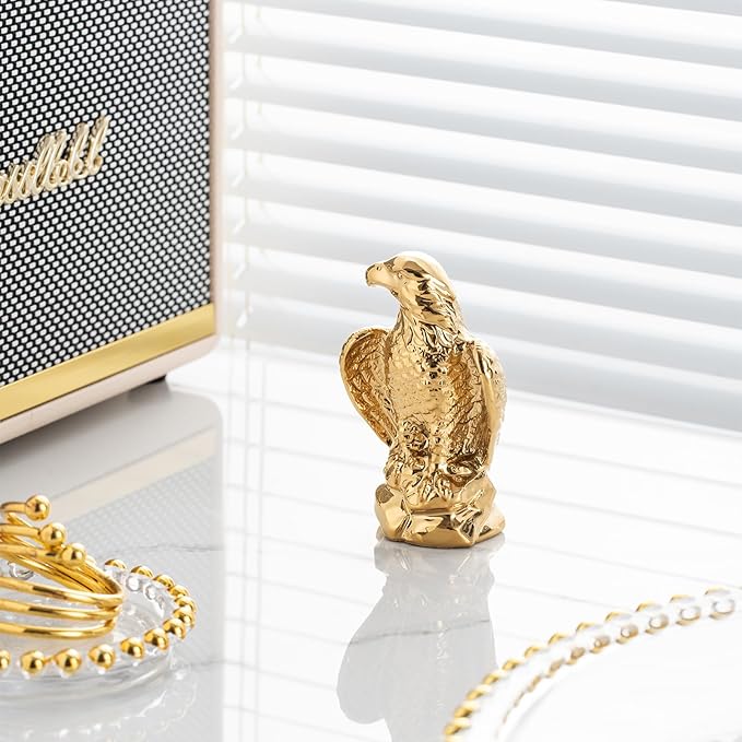 Golden Hawk Statue, Eagle Birds Figurine Home Decor, Modern Elegance Hawk Sculpture Office Home Decoration - Small Mini Wild Animal Gold Eagle for Desktop & Car Visit The Store