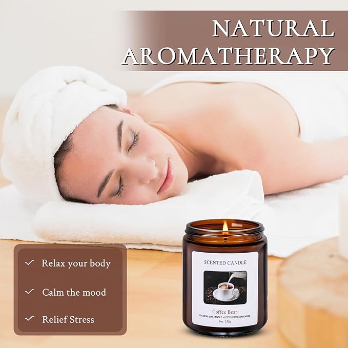Coffee Bean Scented Candles for Home Scented Aromatherapy Candles,Hand-Poured, 9 OZ, 50H Clean Burn, Soy Wax Candle Gift Set for Women Men
