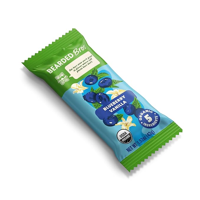 Bearded Brothers, Organic Vegan Protein Energy Bars, Blueberry Vanilla (12 Pack) - Gluten Free, Paleo, Fiber, Whole 30 | Non GMO Low Glycemic Snacks (Packaging May Vary)