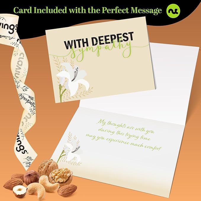 NUT CRAVINGS Gourmet Collection - Sympathy Condolence, Nuts Gift Basket with Sympathy Ribbon + Greeting Card in Reusable Wooden Tray (12 Assortments) Food Platter Healthy Snack Care Package