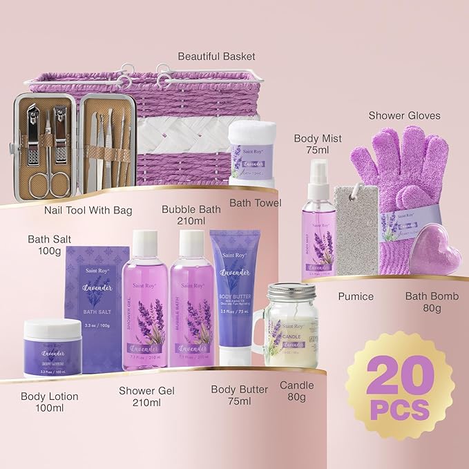 Large Spa kit for women gift set, 20 PCS Spa Gift Baskets Christmas Gifts for Women Bath Kit with Lavender gifts spa gift set Basket For Women, Luxury Self Care Home Spa Kit Lavender Bath Gift Basket