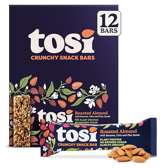 Tosi Almond Protein Bars, Plant Based with Nuts, Gluten-Free Crunchy Snacks, Vegan, Organic, Flax & Chia Seeds, Soy-Free, Omega 3s, 5G Protein, 1oz, 12-Pack