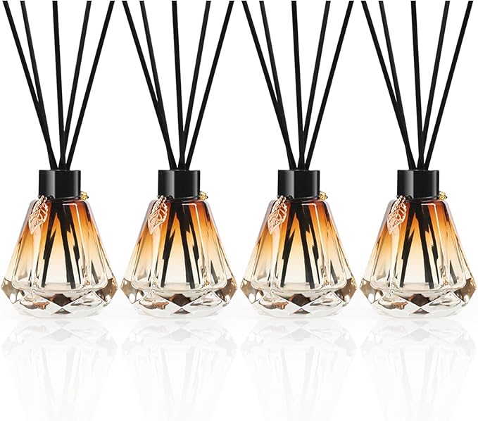 Reed Diffuser Set - 4 Empty Bottles With 20 Sticks, Delicate Gold Leaf Decor, Glass Fragrance Diffuser With Lids for Home, Bathroom | Refillable, Diamond Style Black