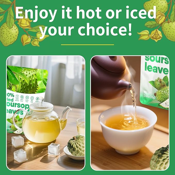 175+ Soursop Graviola Dried Leaves for Tea - 100% Natural Whole Dried Soursop Leaves, 2.47 oz (70 g), No Additives or Preservatives, Herbal Tea, Caffeine Free, Sugar/Soy/Gluten Free