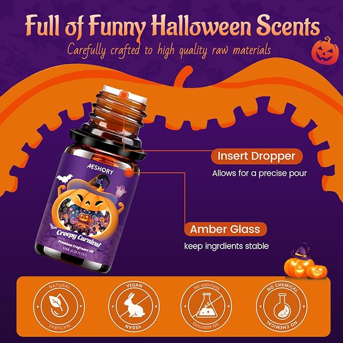 Halloween Fragrance Oil Set, Fall Essential Oils for Diffuser, Candle & Soap Scents, Trick or Treat, Zombie's Garden, Greepy Carnival, Headless Horseman, Scarlet Witch, Ghost Autumn Scented Oil Gift