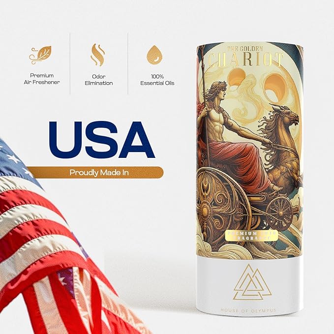 The Golden Chariot Car Air Freshener and Diffuser - 100% Natural Essential Oils - Luxury Car Scent by House of Olympus - Made in USA
