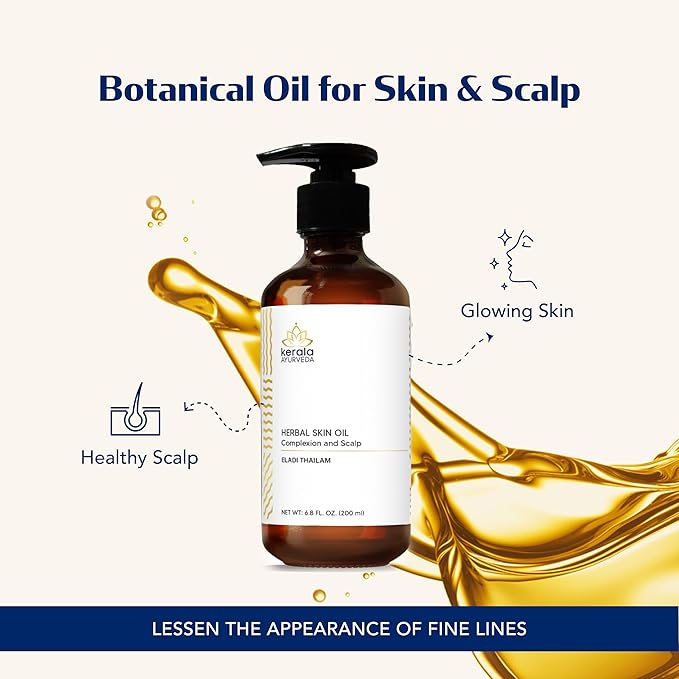 Kerala Ayurveda Herbal Skin Oil (Eladi Thailam) - Sesame Oil Based Ayurvedic Massage Oil for Radiant Body & Healthy Scalp - Moisturizes Dry Skin & Hair, & Balances Vata and Kapha, 6.76 Fl Oz