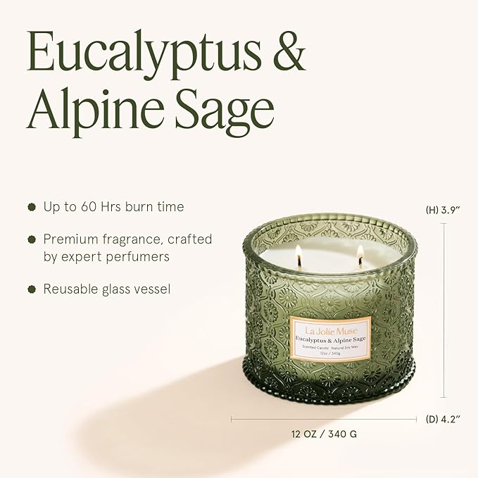 LA JOLIE MUSE Eucalyptus & Alpine Sage Candle - Eucalyptus, Sage, Lavender | 12 oz Large 2-Wick Soy Wax Candle | 60 Hours Clean Burn | Aromatherapy Candle | Gift-Ready for Hosts & Gatherings