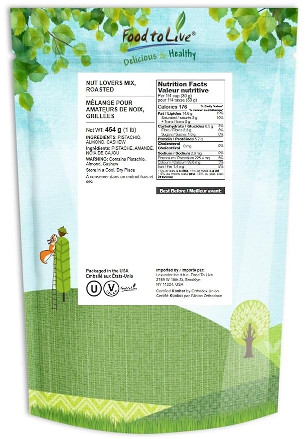 Food to Live Nut Lovers Mix, 1 Pound – Premium Dry Roasted Pistachios No Shell, Almonds and Cashews Blend. No Salt Added. Trail Snacks for Adults and Kids. Vegan, Kosher, Bulk