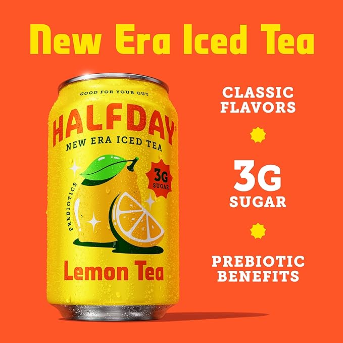 HALFDAY Prebiotic Lemon Iced Tea Cans, Supports Digestive & Gut Health, 6g Plant Fiber & Prebiotics, Low Sugar, 35 Calories, Real Brewed Tea, Natural Caffeine, Gluten Free, Keto, 12 fl oz (12 pack) Packaging May Vary