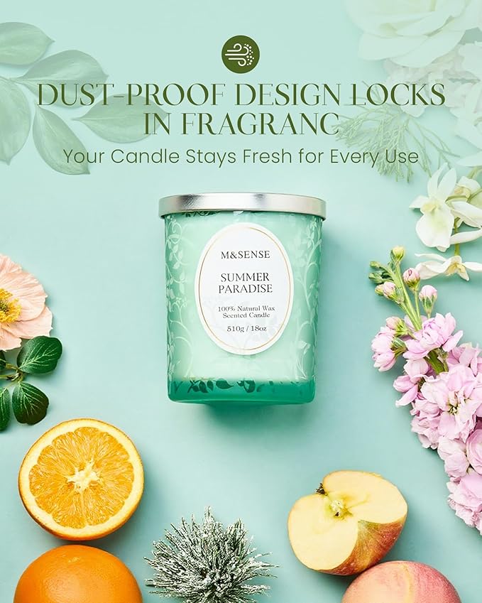 M&SENSE Summer Paradise Scented Candle, Cracking Wooden Wick Soy Wax, 18oz 100 Hours Long Lasting Clean Burn, Large Jar Candles for Home Decor, Non-Toxic Relaxing Aromatherapy Gifts for Women
