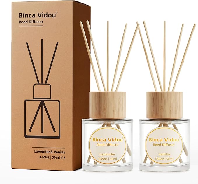 Reed Diffuser Set, Binca Vidou Lavender & Vanilla Natural Scent Oil Diffusers with Sticks for Home Office Bathroom Aromatherapy Decor 1.69oz x 2