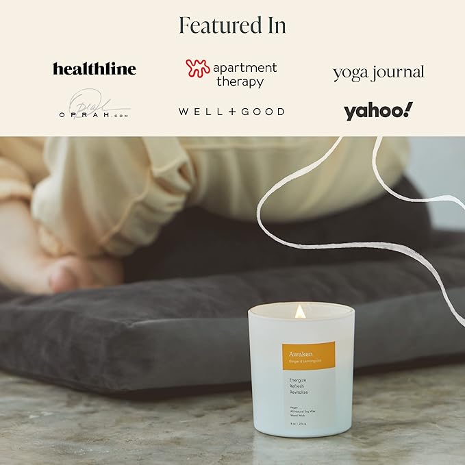 Mindful Modern Natural Awaken Candle | Ginger & Lemongrass Scented | Aromatherapy for Stress Relief, Meditation, Yoga, Chakra Healing, & Prayer | Elegant Home Fragrance | Soy Wax | 8oz Glass Jar
