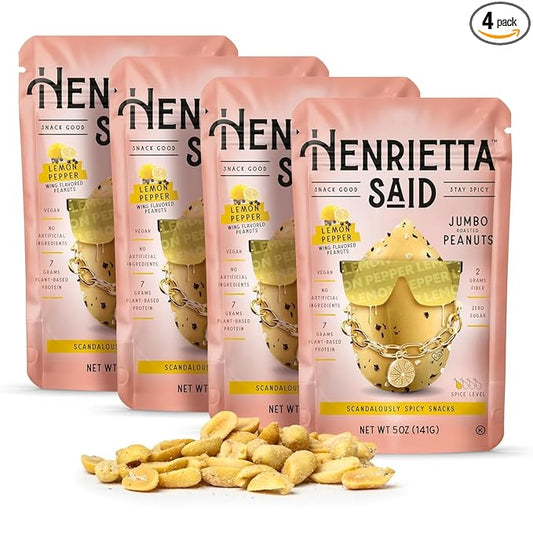 Henrietta Said Wing-Flavored Peanuts - Truly Good Foods Snacking Nuts - Bold Flavors - Savory & Spicy - Jumbo Flavored Peanuts - Protein Packed Vegan Snack - 4 (5-oz) Packs - Lemon Pepper