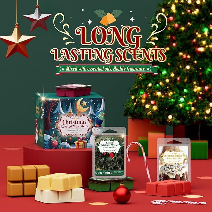 SALKING Christmas Scented Wax Melts, Soy Wax Melts Gift Set, Wax Cubes/Tarts for Warmer - Christmas Wreath, Apple Cinnamon, Gingerbread, Candy Cane, Eggnog, Christmas Pudding, Cranberry, Sugar Cookie