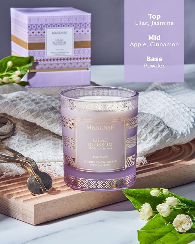 M&SENSE Lilac Blossom Soy Candles for Home Scented, 7.4oz 45 Hour Long Burning Aromatherapy Candle for Stress Relief Meditation Yoga Relaxing SPA, Christmas Thanksgiving Halloween Gifts for Her