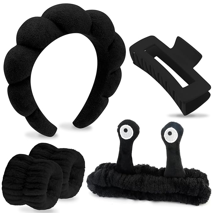 VELSCRUN Spa Headband, Makeup Face Wash Skincare Headbands, 5 Pcs Sponge Get Ready Snail Hairband Facial Wristband Hair Clip Set, Stuff for Teen Girls Women Trendy Hair Accessories Black