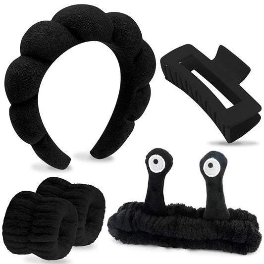 VELSCRUN Spa Headband, Makeup Face Wash Skincare Headbands, 5 Pcs Sponge Get Ready Snail Hairband Facial Wristband Hair Clip Set, Stuff for Teen Girls Women Trendy Hair Accessories Black