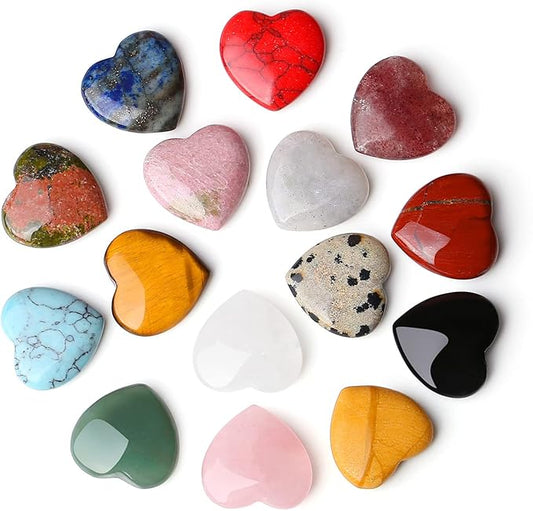 15PCS Natural Heart Healing Crystals Love Stones Rose Quartz Clear Quartz Tiger Eye Heart Set Bulk Polished Pocket Palm Thumb Gemstones Meditation Chakra Reiki Energy Balancing 0.8 inch