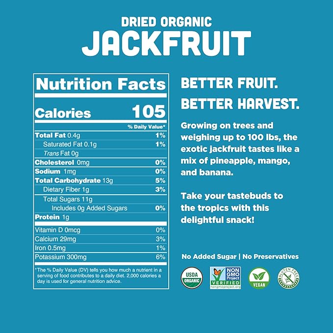 Mavuno Harvest Jackfruit Dried Fruit Snacks | Unsweetened Organic Dried Jackfruit Chips | Gluten Free Healthy Snacks for Kids and Adults | Vegan, Non GMO, Direct Trade | 1 Pound Bag