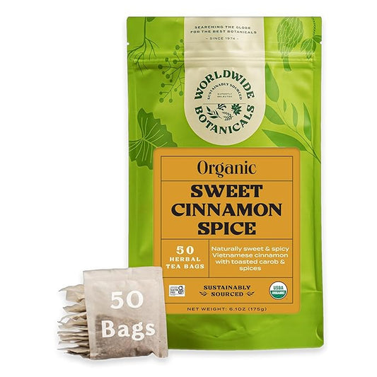Worldwide Botanicals Sweet Cinnamon Spice Herbal Tea, 50 Tea Bags - Organic, Caffeine Free, Kosher, Naturally Sweet, 50% More Herbs - 50 Tagless Eco-Friendly Tea-Bags
