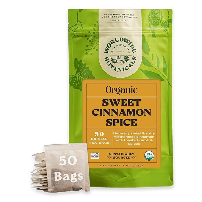 Worldwide Botanicals Sweet Cinnamon Spice Herbal Tea, 50 Tea Bags - Organic, Caffeine Free, Kosher, Naturally Sweet, 50% More Herbs - 50 Tagless Eco-Friendly Tea-Bags