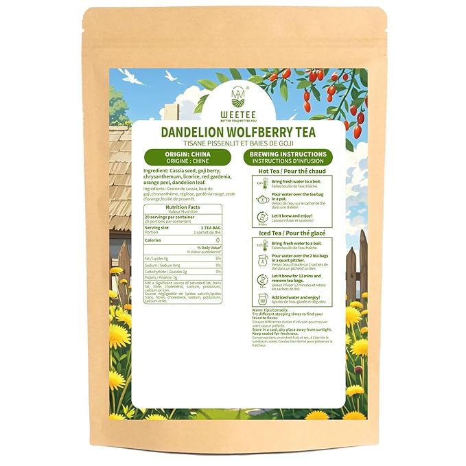 WT WEETEE Dandelion Wolfberry Tea, 10g * 20 Count Corn Firbe Tea Bags, Multiple Brewing, Made from Goji Berry Chrysanthemum Cassia Seed 7 Natural Herbal Ingredients, Wolfberry & Dandelion Herbal Tea