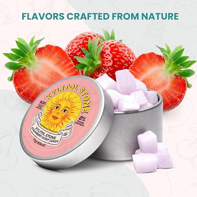 Xylitol Stone Sugar Free Candy - Vegan & Keto Friendly Unique Hard Candy Sugar-Free - 100% Natural Flavor Candies - Gluten Free & Non-GMO Breath Freshener Low Calorie Mints - Strawberry (Pack of 2)