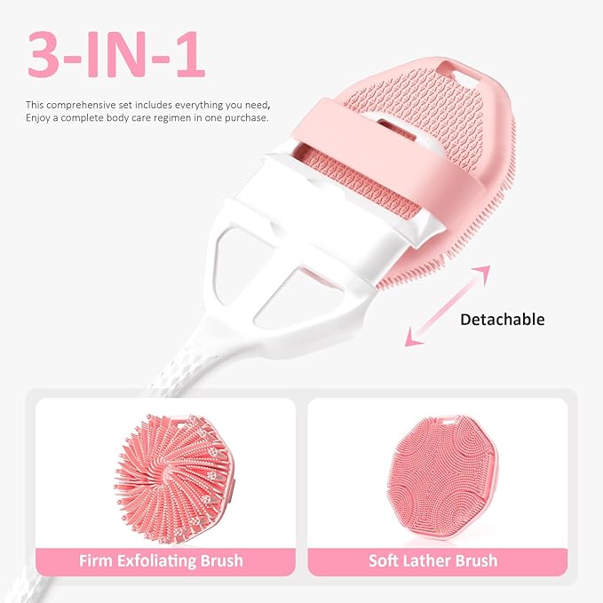 3PCS Extender Handle Set,17in Lengthen Detachable Long Handle Back Brush*1,Silicone Body Scrubber for Gentle Exfoliating and Massage Can Produce Rich Foam*2,Long Handle Back Scrubber for Men (White)