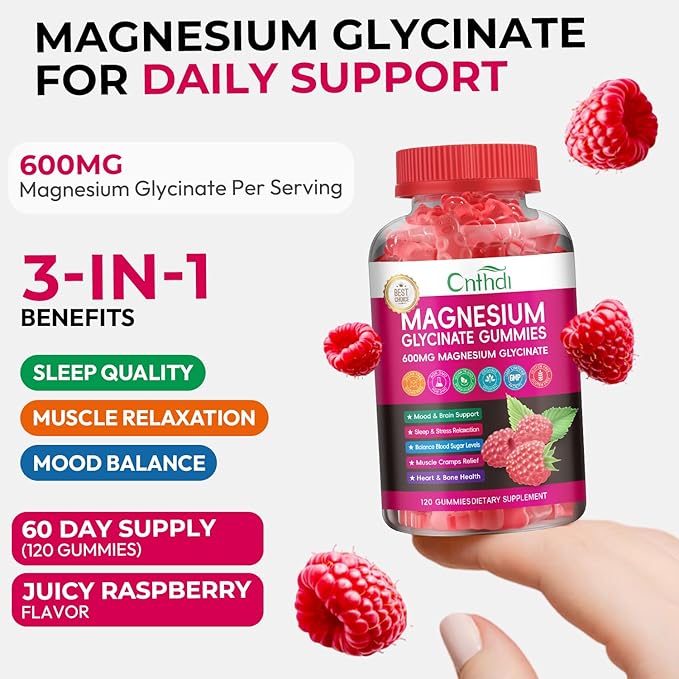 Magnesium Glycinate Gummies 600mg, High Absorption Magnesium Gummies with L-Threonate, Calcium, Vitamin B6, D3, Sugar Free Chews for Men & Women Relaxation, Stress Relief, Night Rest