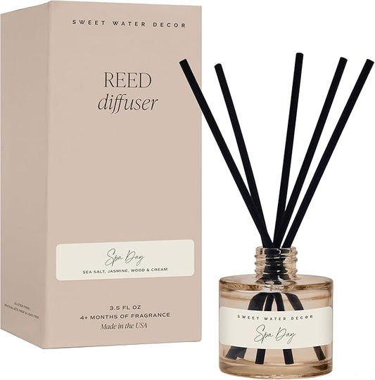 Sweet Water Decor Spa Day Reed Diffuser – Room Decor Aesthetic with Long-Lasting Premium Fragrance of Sea Salt, Jasmine, Wood and Cream for 4 Months – Ideal for Aromatherapy and Home Decor