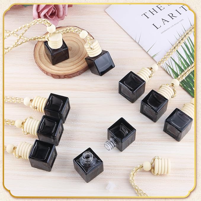 20 Pack Black Hanging Car Air Freshener Bottle Empty Car Essential Oil Diffuser Bottles Pendant Black Glass Perfume Bottles Aromatherapy Fragrance Bottle Auto Ornaments Decor (square)