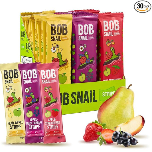 BOB SNAIL Healthy Organic Fruit Snacks for Kids and Adults–30 Organic Fruit Leather Snacks with Apple-Pear, Strawberry, Black Currant–Vegan Low-Carb Variety Pack Strips for Kids–Sugar Free Jerky Bars
