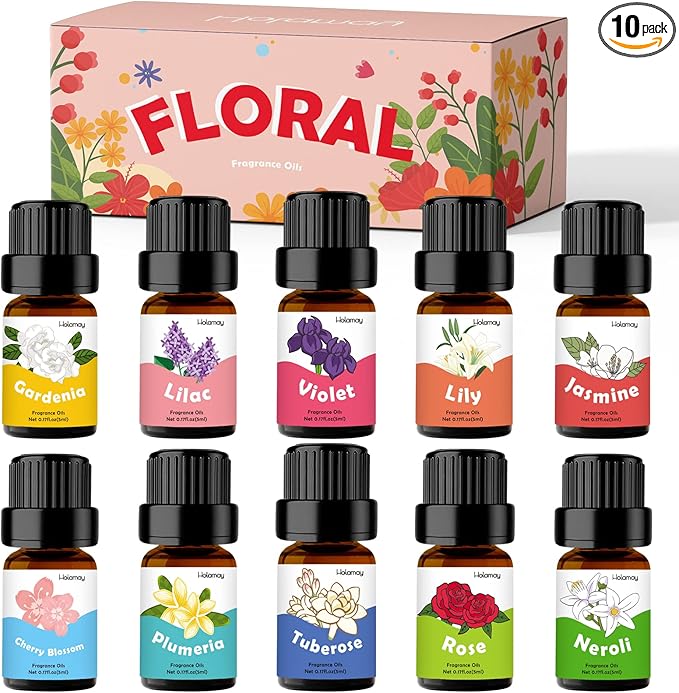 Floral Essential Oils, Holamay Premium Fragrance Oil for Candle Making, 5mlx10, Soap Making Scents - Rose, Jasmine, Neroli, Gardenia, Lilac and More, Aromatherapy Essential Oils for Diffusers for Home