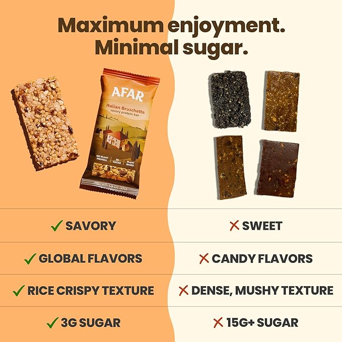 Afar Savory Protein Bars – Low Sugar, High Protein – Healthy Snacks for Adults – Meal Replacement Bar – Rice Crispy Texture – Vegan, Gluten Free (8 Bars, Italian Bruschetta)